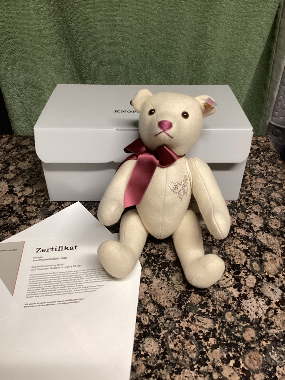 Steiff Bear # 421471 white bear with burgundy ribbon